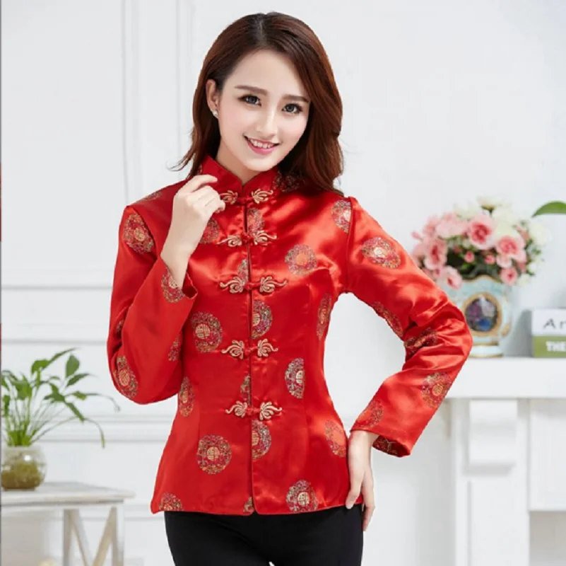 Women Chinese Traditional Red Long Sleeve Tang Suit High Quality Satin Jacket Wedding Party Birthday Coat Performance Clothing