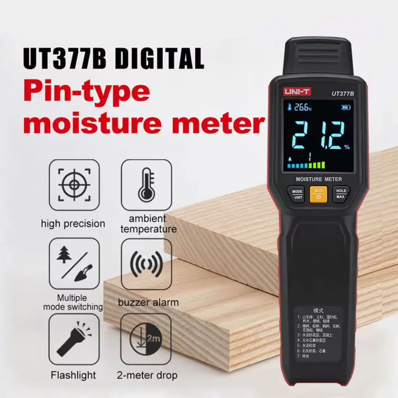 

UNI-T UT377B Pin Moisture Meter Wood Humidity Tester Wood and Building Materials Measurement Timber Damp Detector LED Flashlight