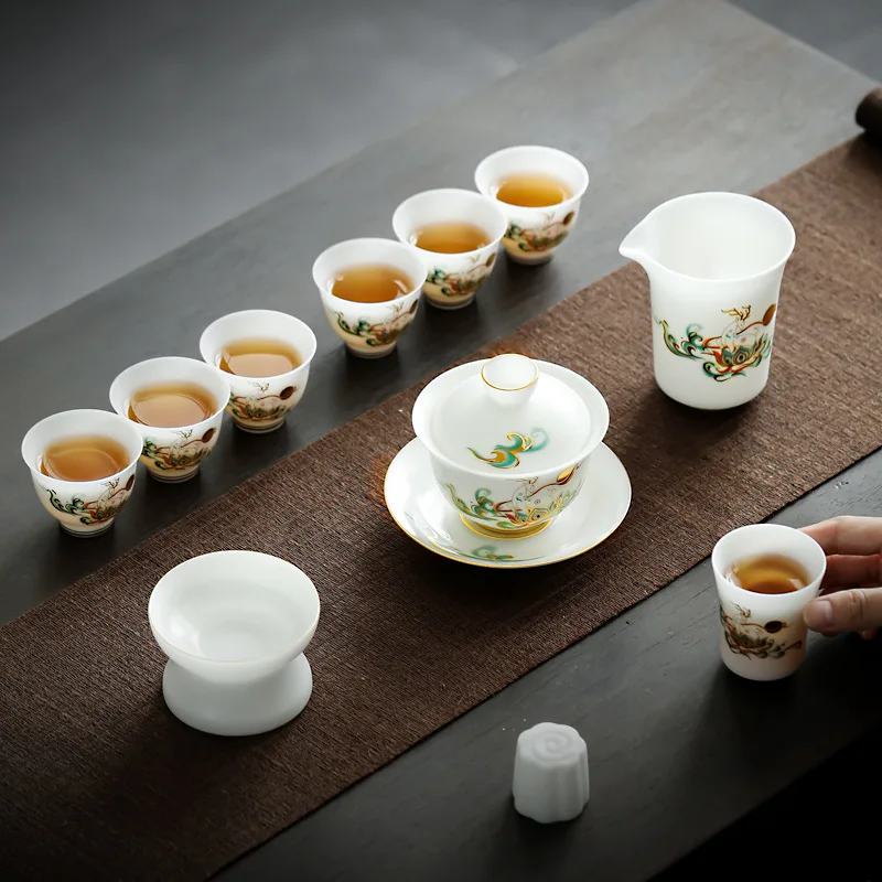 Ice suet jade porcelain plain-fired tea set, Sancai cover bowl Fulu stacking high-end gift tea set