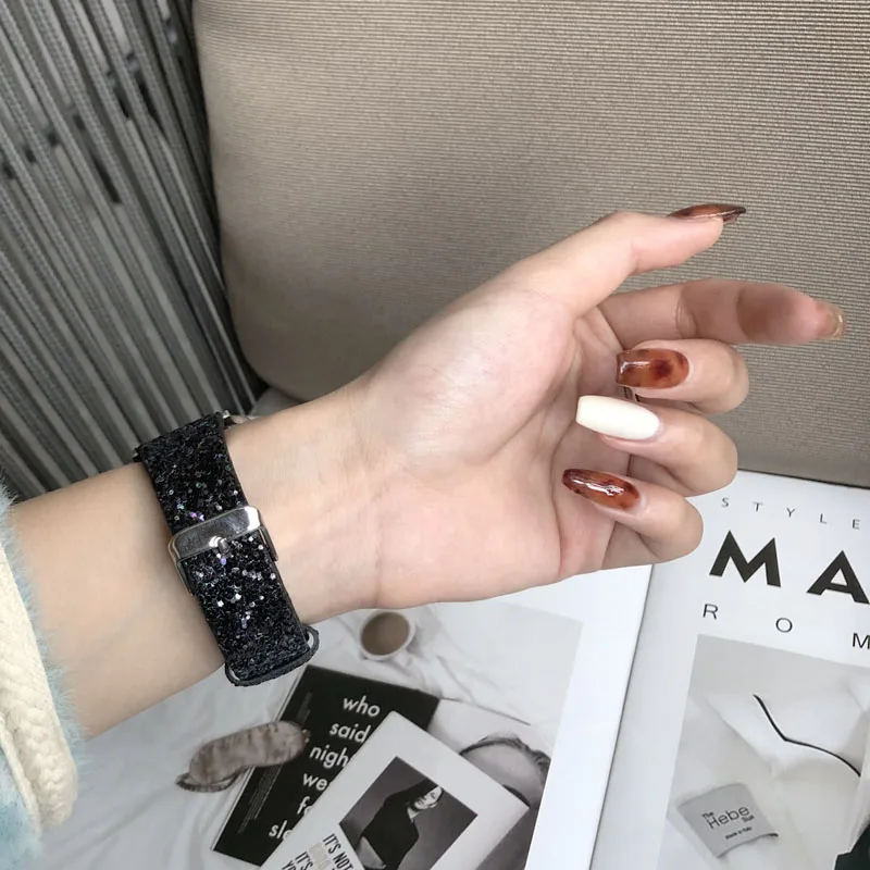 Glitter Strap for Apple Watch Band Ultra 49mm 38mm 40mm 42mm 44mm 41mm 45mm Women Leather Bracelet iWatch Series 7 8 6 5 4 3 SE image 5