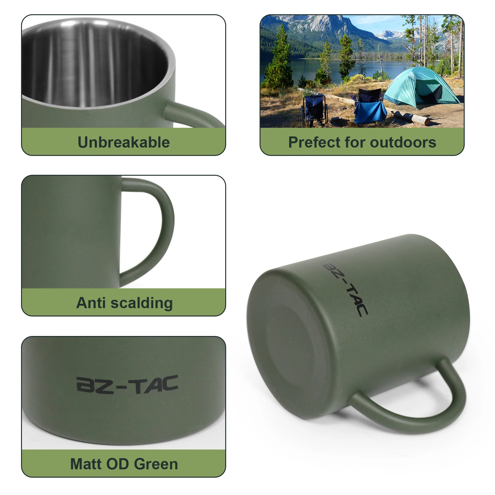 Double Wall Coffee Mug Stainless Steel Matte Army Green Water Mug Insulated with Handle for Camping Picnic Outdoors 300/450ml