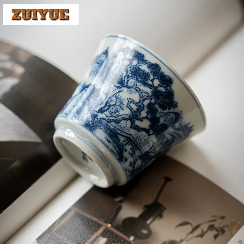 100ml Hand Painted Landscape Ceramic Teacup Handmade Blue and White Master Cup Tasting Tea Bowl Mug Kung Fu Tea Set Drinking