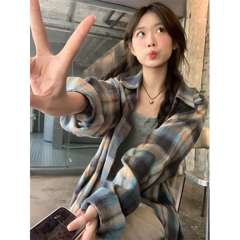 

Casual Slim Mid-length Shirt with Cardigan New Blue Checked Shirt Jacket for Women Loose