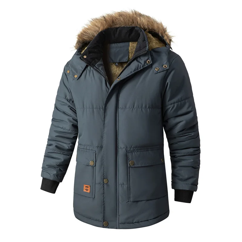 Men's Winter Cotton-Padded Jacket Thickened Fleece Cold-Proof Hooded Mid-Length Coat Warm Outerwear
