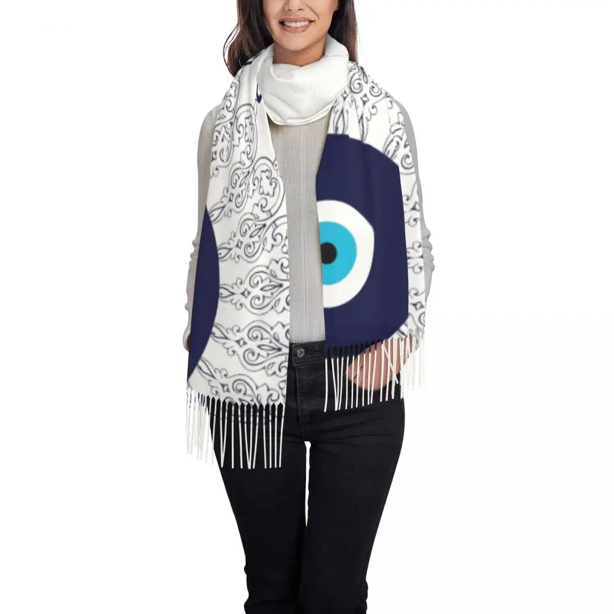 Navy Blue White Mediterranean Evil Eye Mandala Pattern Scarf Wrap Women Long Winter Fall Warm Tassel Shawl Bohemian Boho Scarves