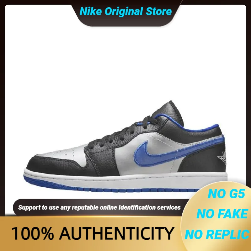 

Nike Jordan 1 Low Black Game Royal Metallic Platinum Sneakers shoes 553558-007 With Original Box