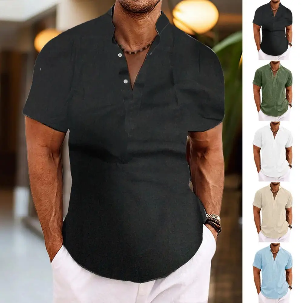 Camisa masculina de manga curta com gola alta, casual street wear, top bonito, cor sólida, design de botões, exterior, tendência de verão, 2022