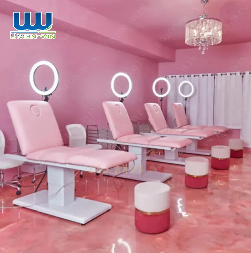 Union Win Three Motors beauty salon furniture pink leather facial spa bed stainless steel base lash bed curved beauty bed