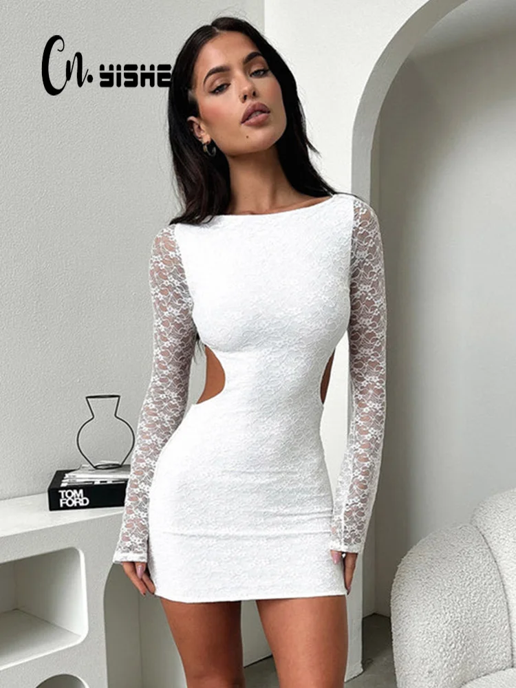 CNYISHE Lace Up Backless Bodycon Sheath Sexy Club Women Dresses Long Sleeve Streetwears Fashion Hip Wrap Female Vestidos Robes