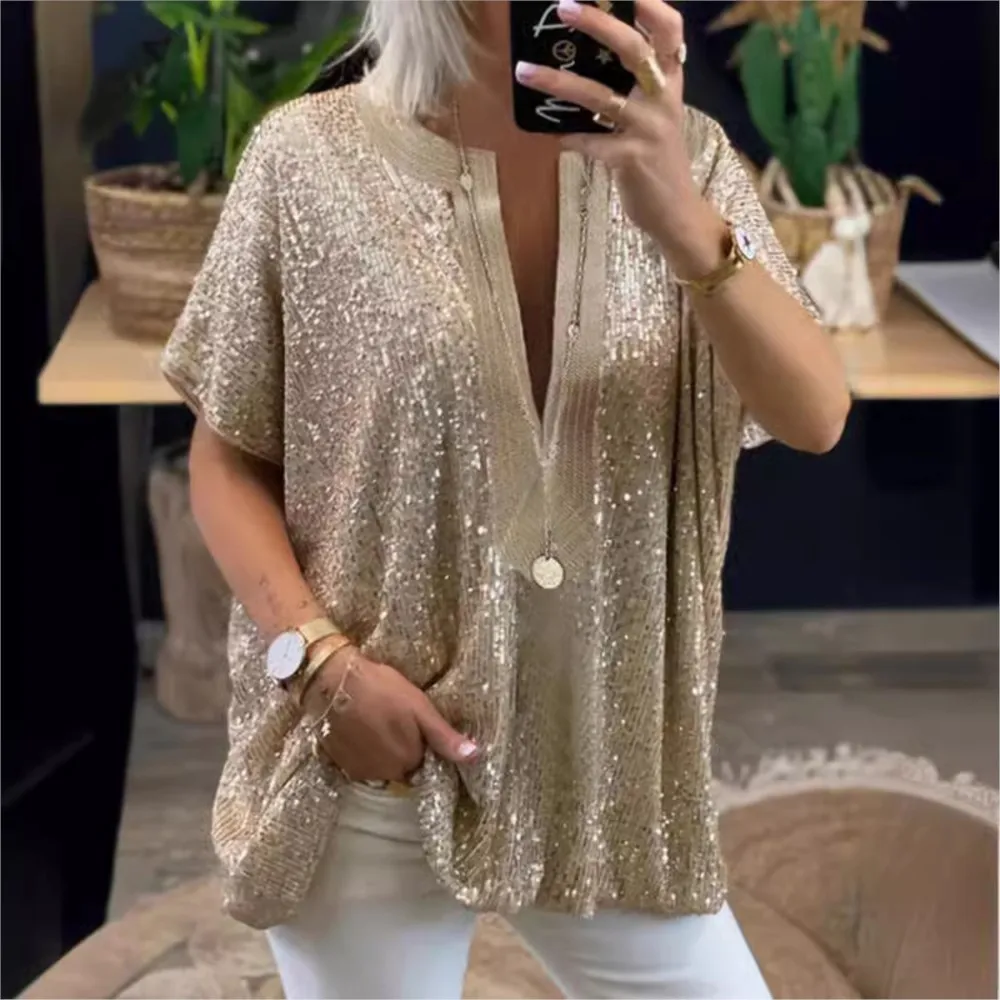 

Sequin Splicing Short-sleeved T-shirt Casual Loose New Summer Deep V-neck Sexy Top Woman Clothing Roupas Feminina Y2k Clothes