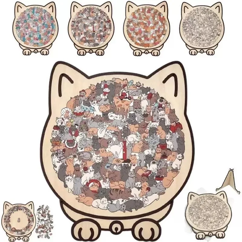

New Cat-shaped Wooden Jigsaw Puzzle Unique Irregular Puzzle Pieces Game Birthday Xmas Gifts for Cat Lovers Home Decorations