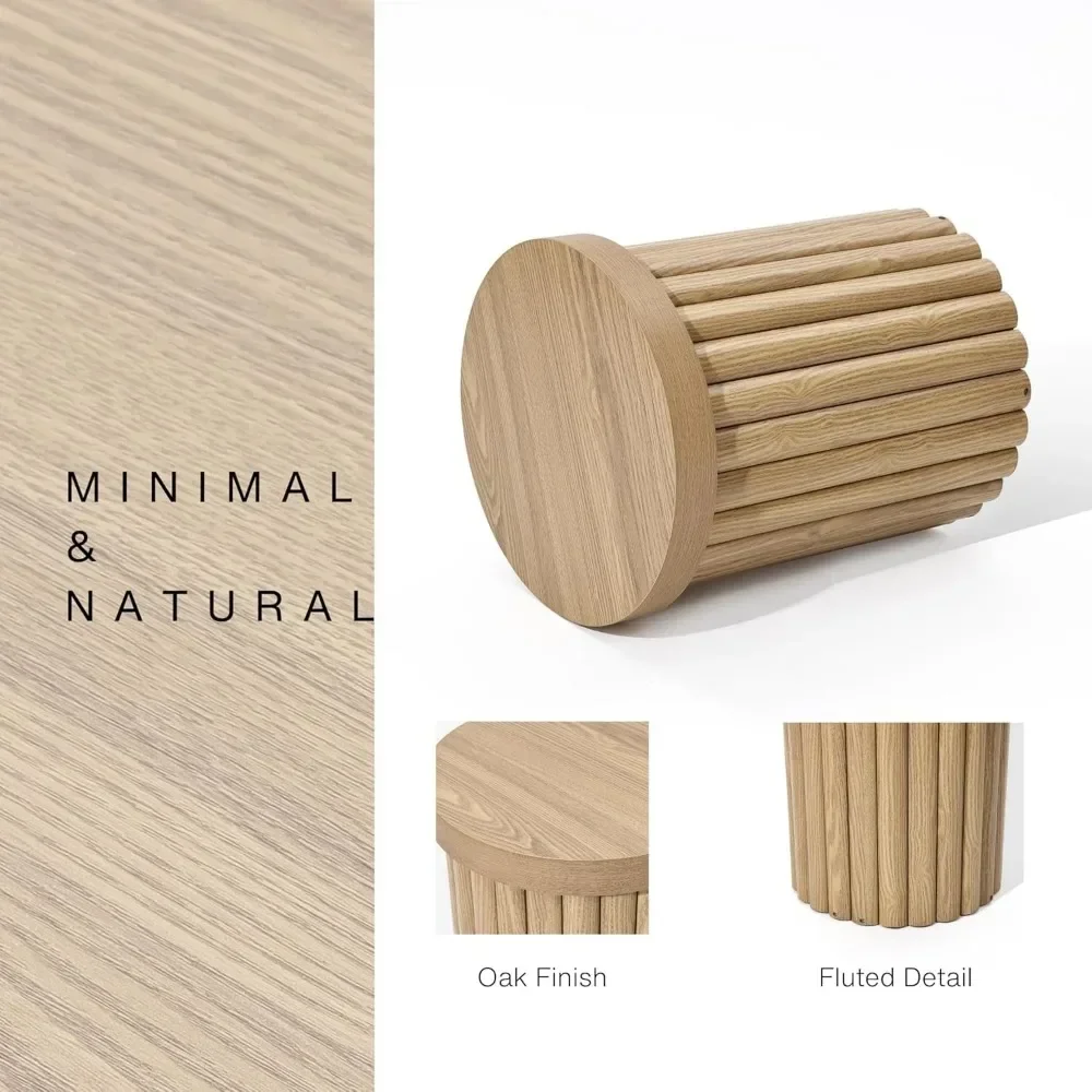 Wood Round Side Table, 19" Fluted Small End Table for Small Spaces, Mid Century Modern Wooden Accent Table, Small Bedside Table