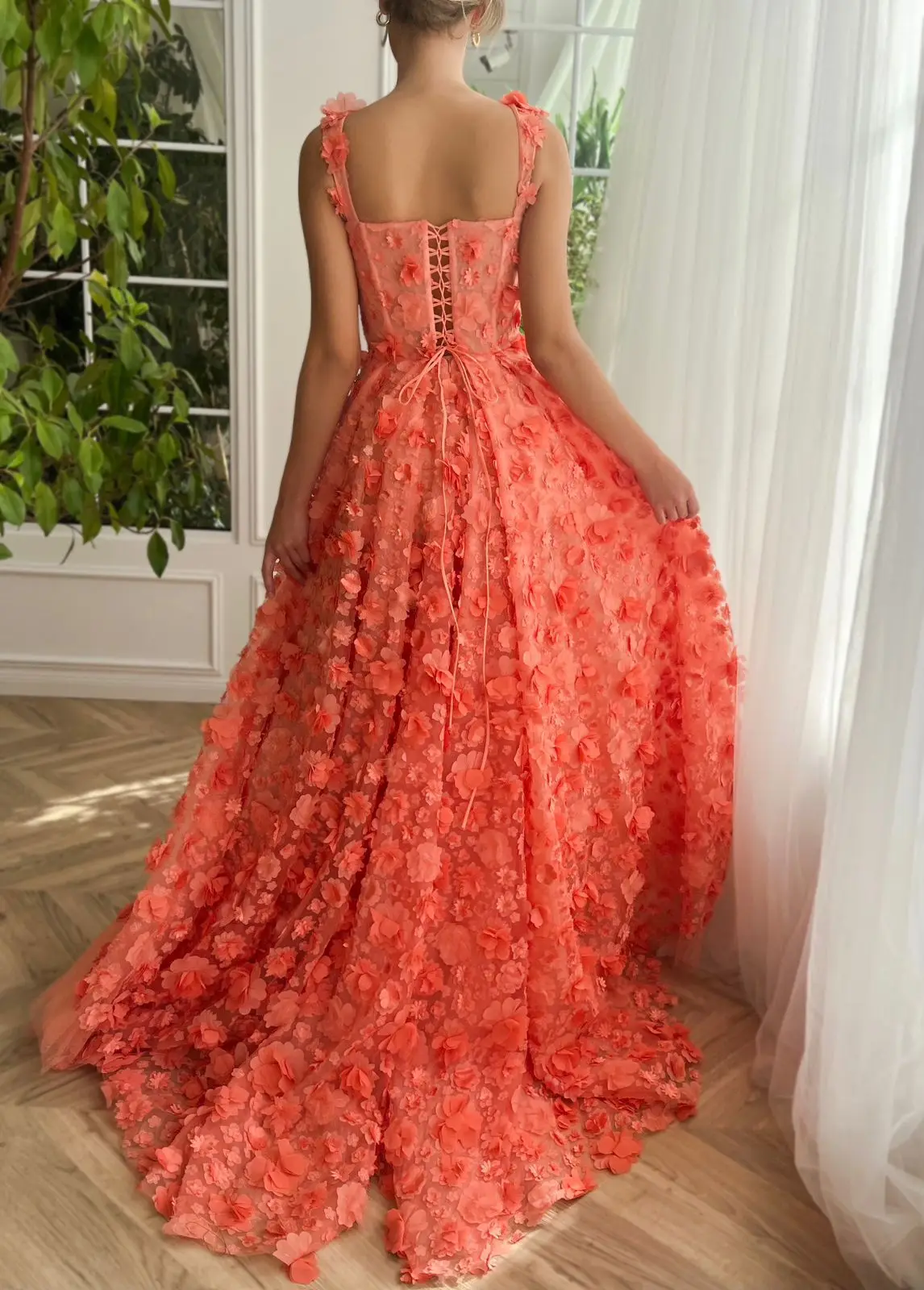 Off-the-shoulder Sweetheart Prom Dresses 3D Flowers Sheer Corset Ball Gowns Sleeveless Backless A Line Floor-Length Evening Gown