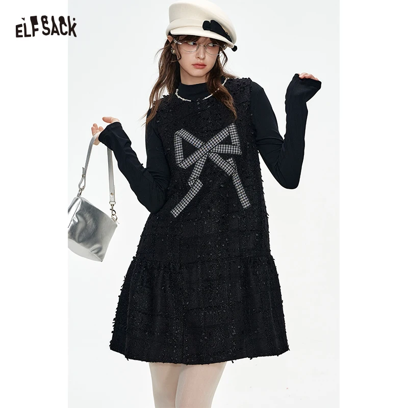 

ELFSACK 2025 Winter New Arrivals Cute Halloween Coarse Knit Bow Embroidery Dress Two Piece Set For Woman