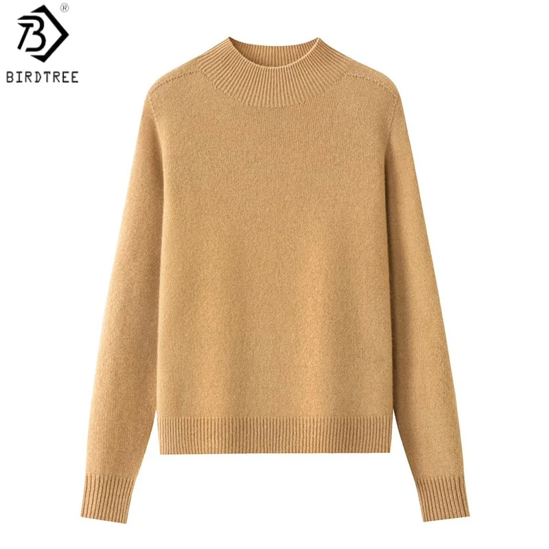 

Birdtree 100% овечья шерсть вязаная бесшовная майка, женская рубашка с длинным рукавом с воротником-стойкой, осенний пуловер 2025 T59817JF