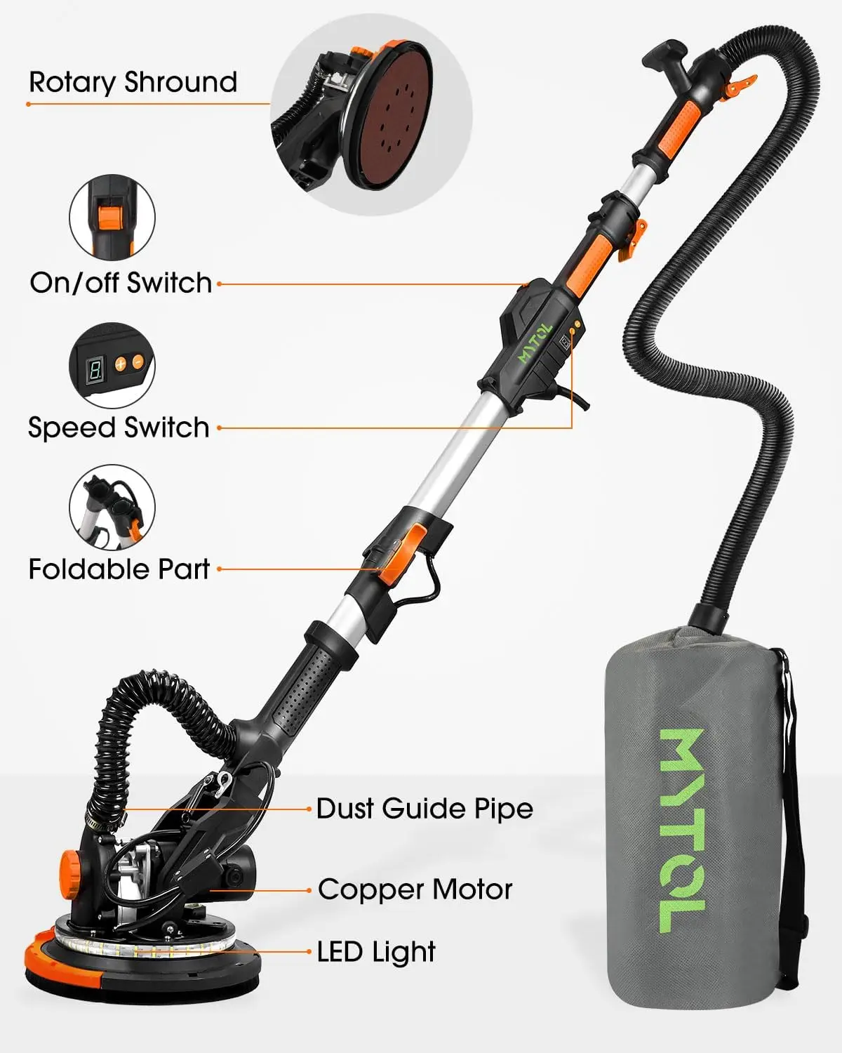 Electric Drywall Sander with Vacuum Dust Collection, Variable Speed, LED Light, Foldable Handle, Sanding Discs & Grids