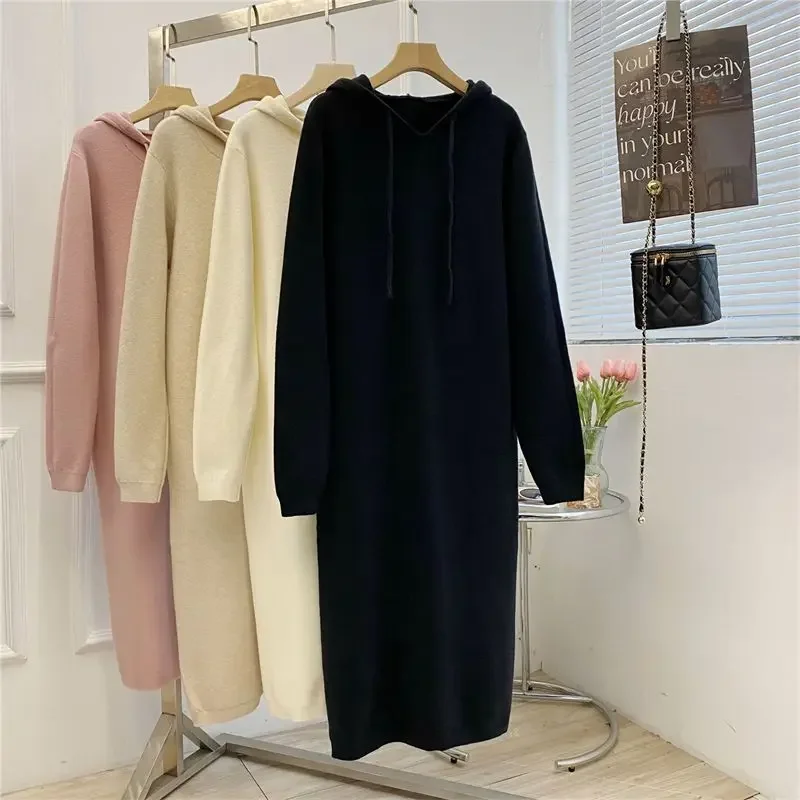 Knitted Hooded Dresses Women Y2k Kawaii Candy Color Long Sleeve Dress Loose Simple Autumn Winter Sweet College Midi Vestidos