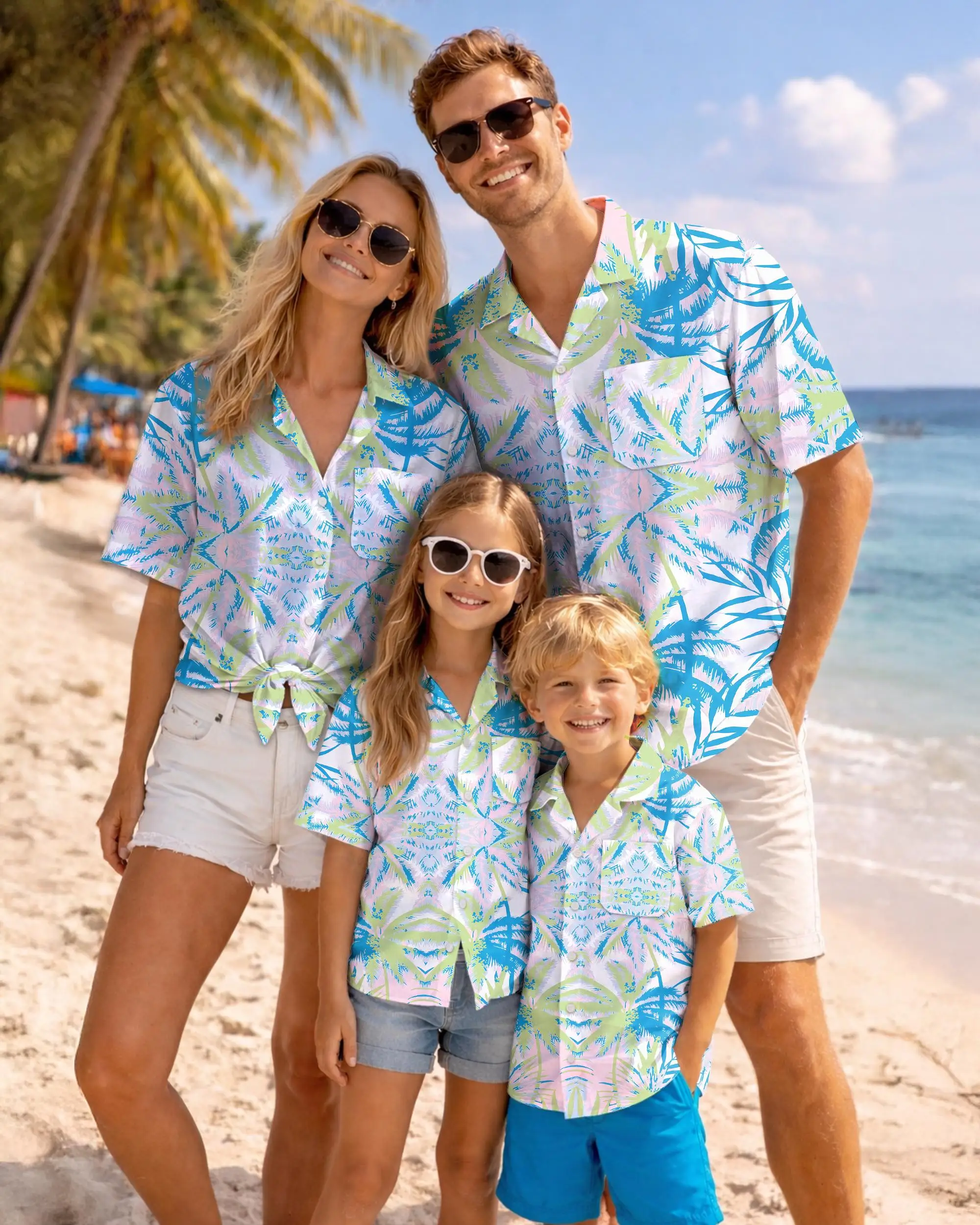 Summer Men's Family Wear Beach Hawaiian Shirt Tropical Sandcastle Palm Tree Shirt Outdoor Sports Sparent Shirts Child T-Shirt