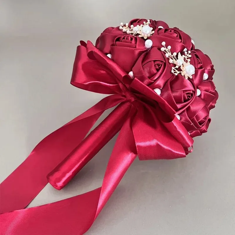 باقات زفاف أنيقة من اللؤلؤ الساتان، باقات يد زفاف باللون الأحمر الخمري، لأعياد الميلاد وعيد الحب والمناسبات الأخرى