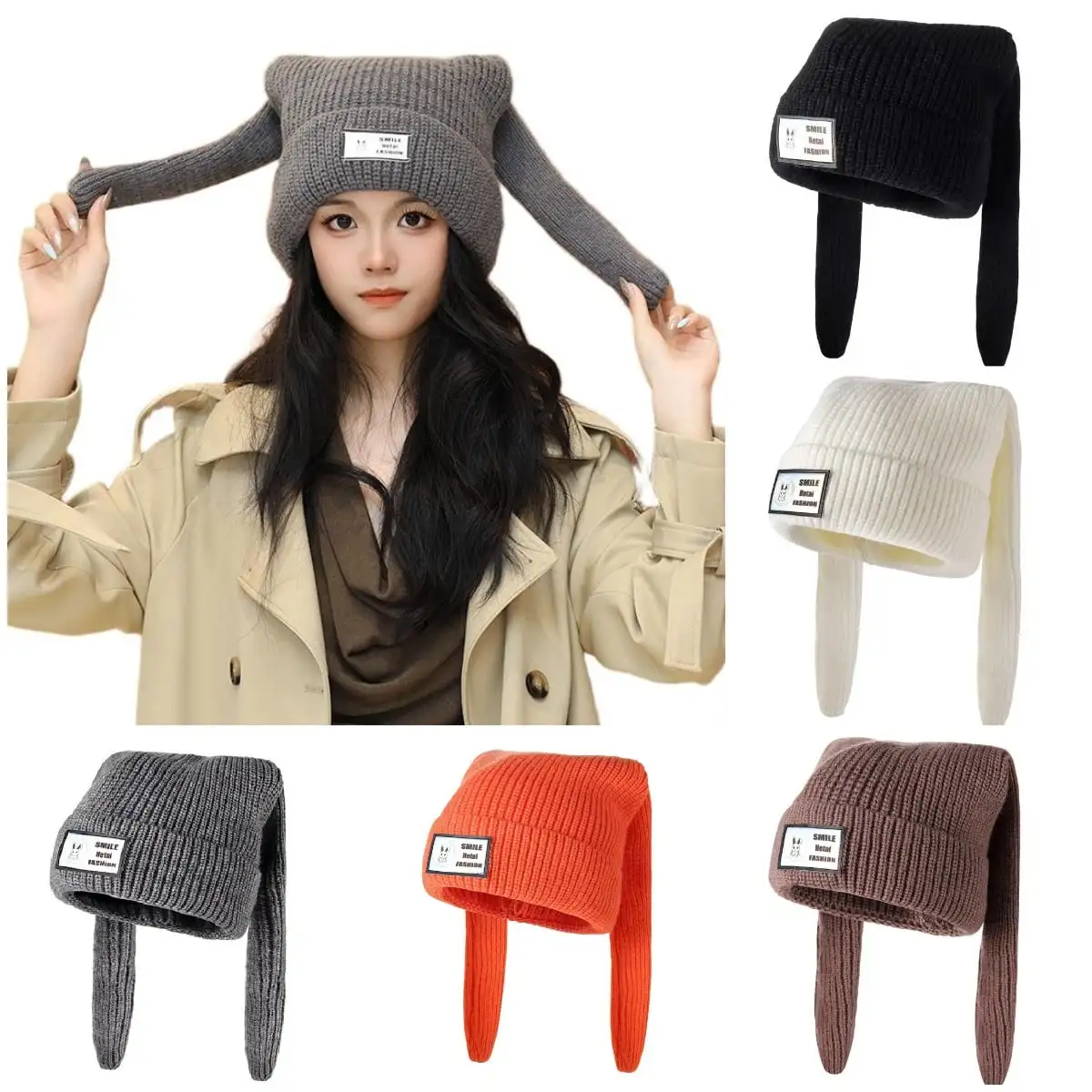 Autumn and Winter Long Rabbit Ear Woolen Hat for Women Sweet and Cute Warm and Ear-Protecting Patchwork Knitted Hat