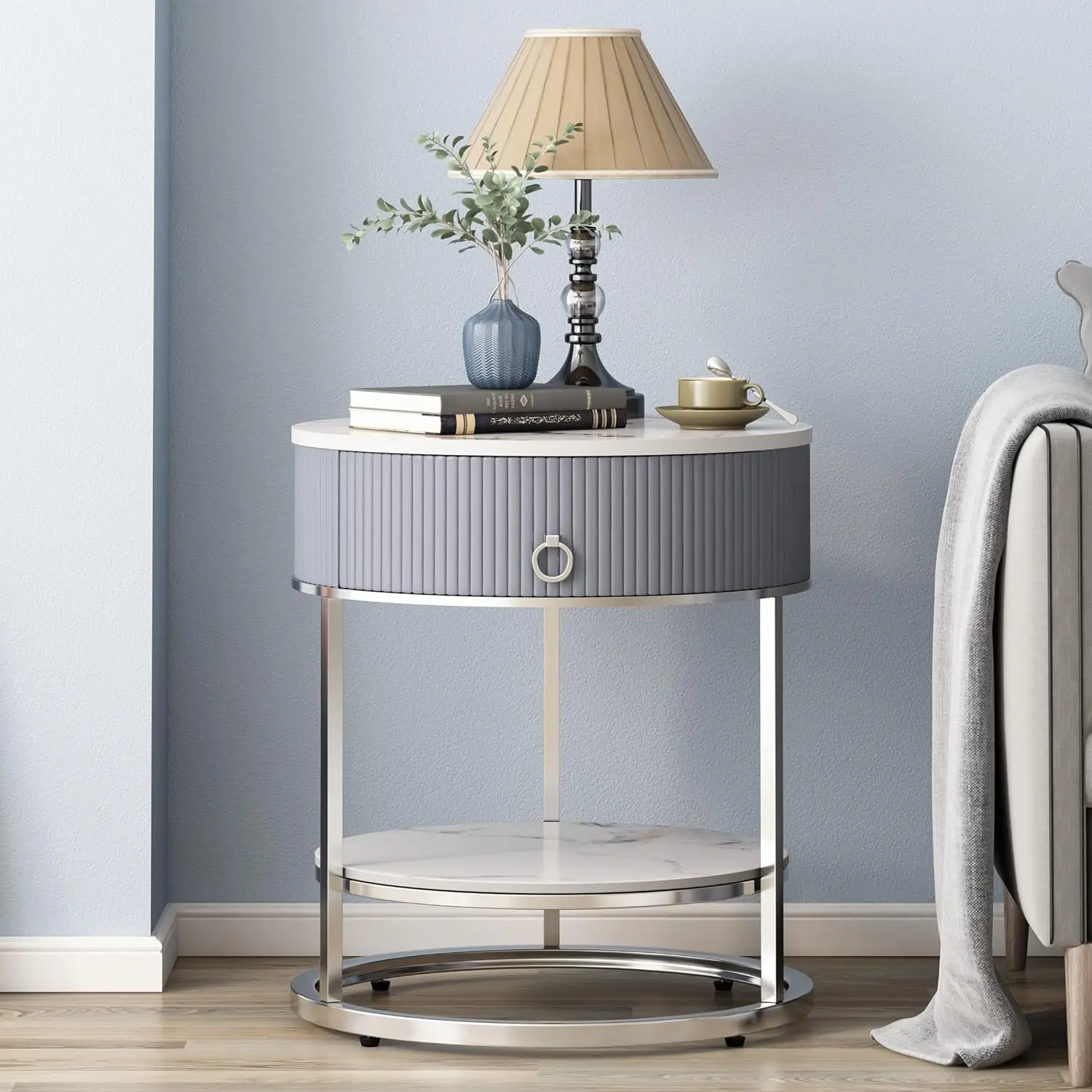 Modern End Table with Drawer, 2 Tier Side Table with Shelf, Round Nightstand with Sintered Stone Tabletop and Chrome Legs