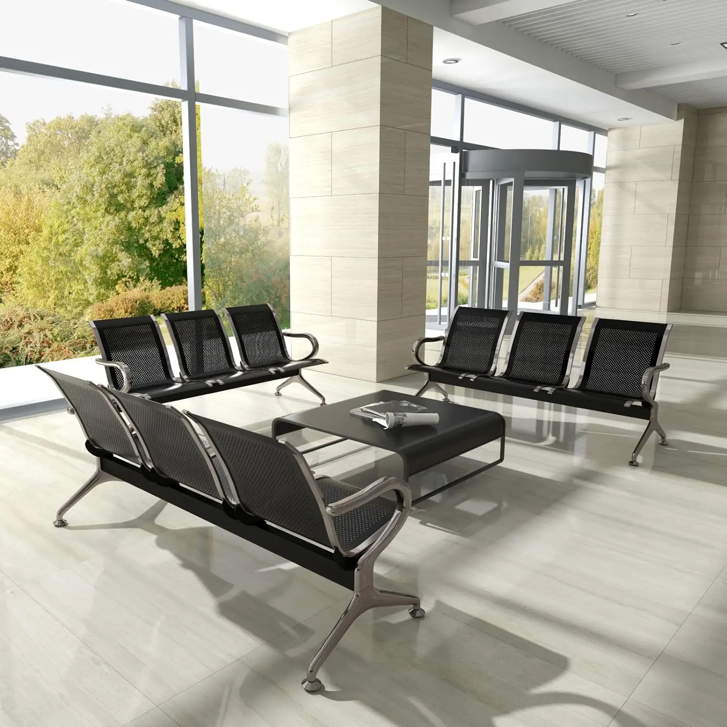 Kinsuite Waiting Room Bench Reception Chairs - Waiting Room Chairs Set Of 2 With Arms 3-Seat Pu Airport Reception Bench,