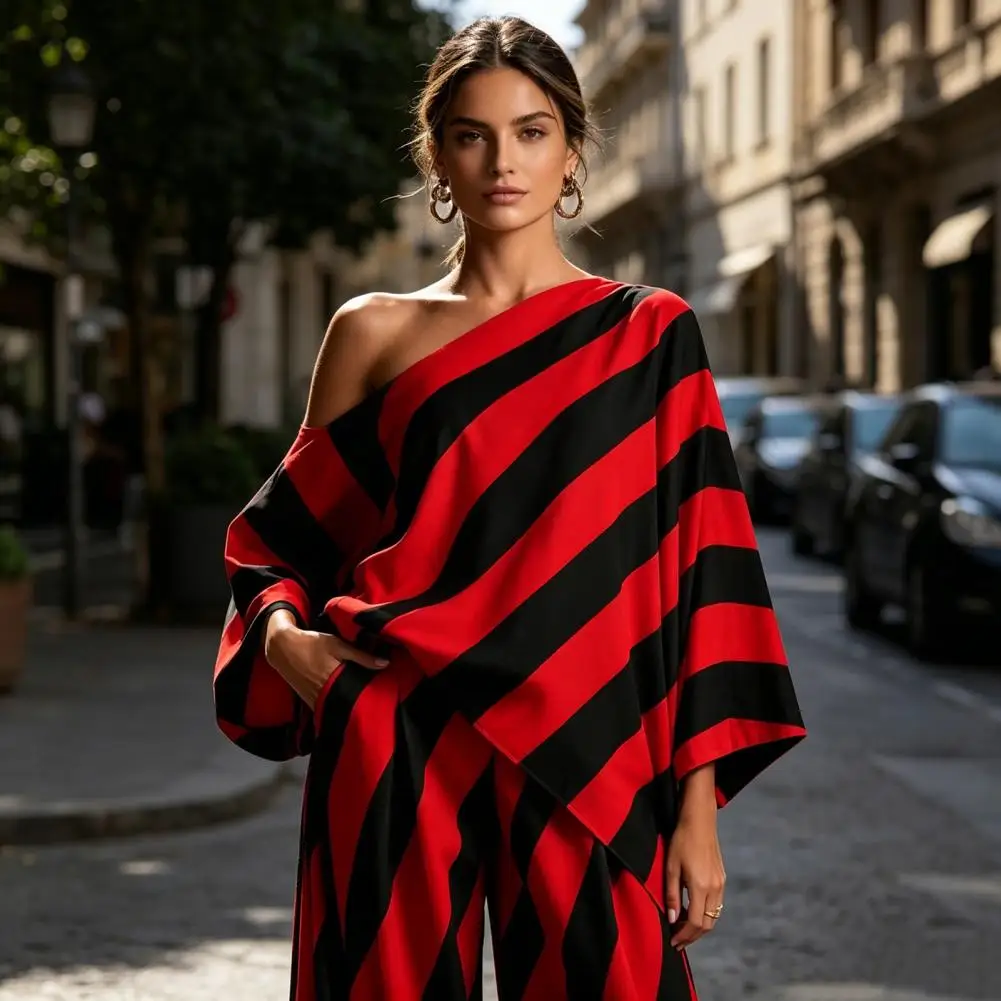 Women Two-piece Suit Lightweight Women Suit Women’s Striped Two-piece Set One Shoulder Long Sleeve Top Pants Matching Outfit