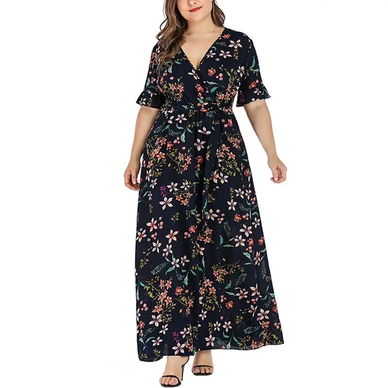 

Ladies V-neck lace print dress, flared sleeves, plus size fashion belt, sexy quality, new summer style,