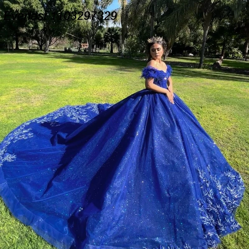 

Блестящее ярко-синее платье EVLAST Quinceanera, бальное платье, Кружевная аппликация, бисером, кристаллами, мексиканское милое платье 16, 15 лет TQD614