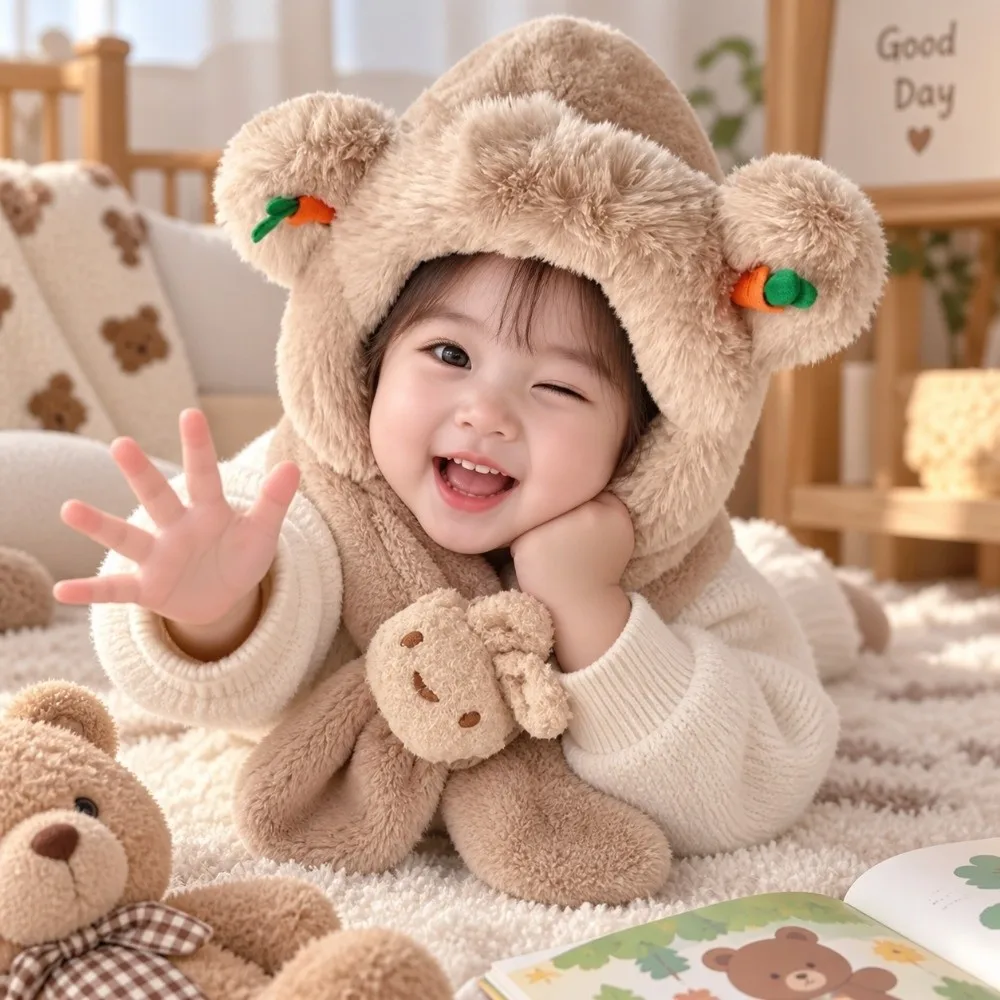 Cute Windproof Hooded Scarf Hat Neck Protection Thick Warm Baby Bear Ear Hat Carrot Cartoon Winter Integrated Hat Unisex