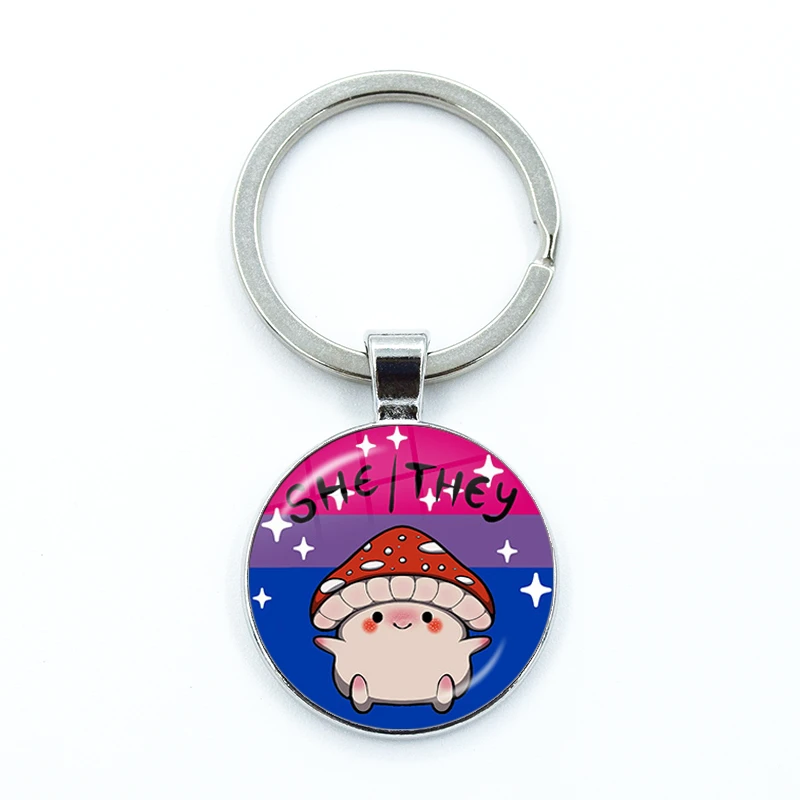 Genderfluid فخر وہ الفطر الضميمة المفاتيح الزجاج كابوشون لطيف كيرينغ حقيبة سيارة مفتاح سلسلة حلقة حامل حُليات المجوهرات