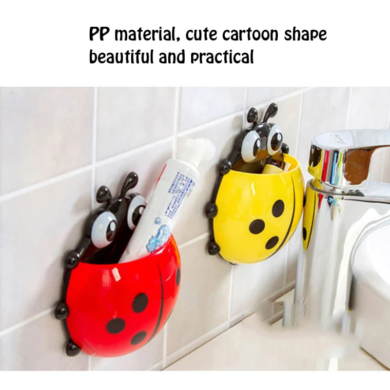 4-colours Cute Ladybug Toothbrush Holder Wall Suction Home Storage Rack Shelves Kids Bathroom Accessories Shelves Suction Cup