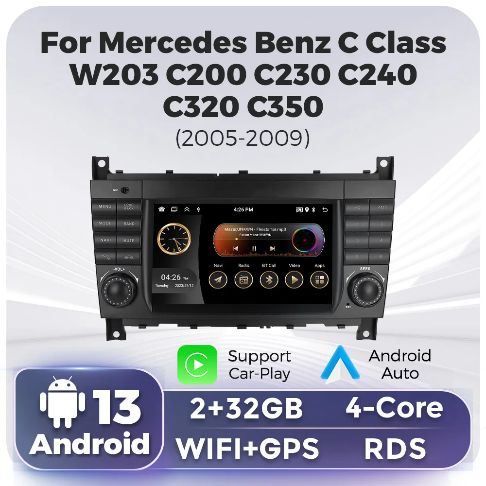 Car radio for Mercedes Benz C Class W203 C200 C180 C220 CLK240 CLK320 Android 13 2Din multimedia video player GPS Carplay WiFi