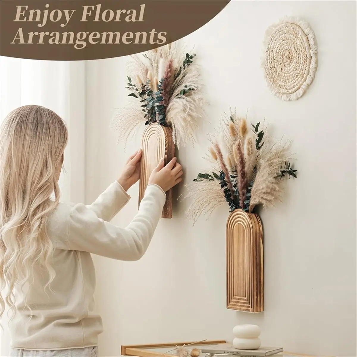 2 Pack Wooden Wall Vase Set with Pampas Grass Eucalyptus, Modern Farmhouse Boho Wall Decor for Living Room