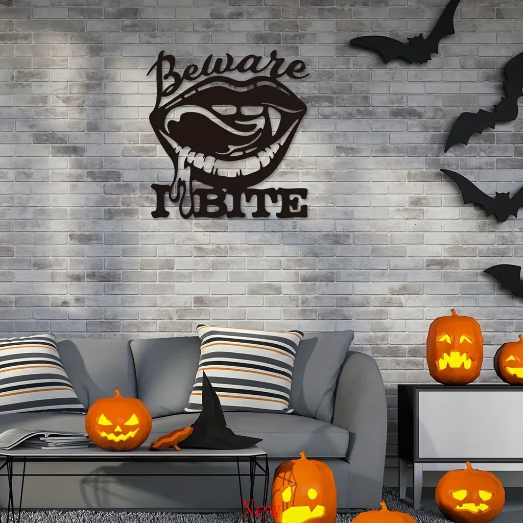 

Promotion Halloween Beware Bite Place Sexy Biting Lips Home Decor Vampire Metal Wall Hanging Art Decor Home Interior Bedroom Id