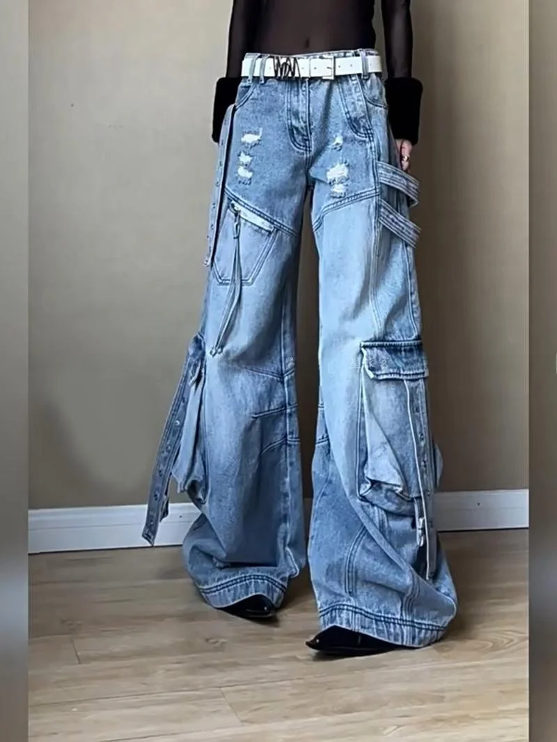 American High Street Hip Hop Style Deconstructed Heavyweight Washed Work Pants Women's New Hot Girl Design Wide Leg Floor-Len...