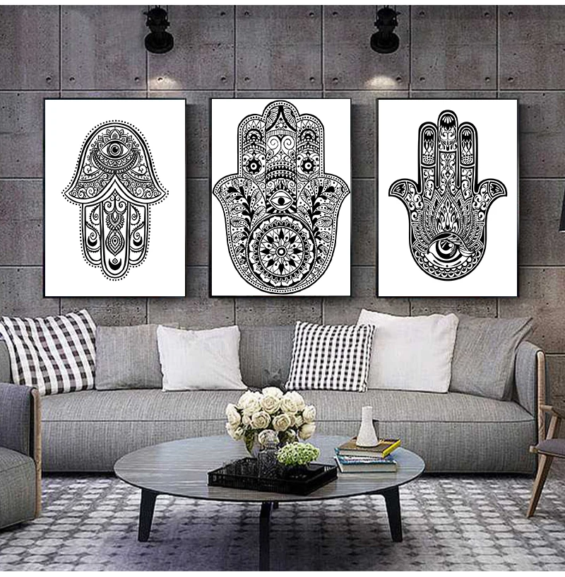 Hand Drawn Ornate Amulet Hamsa Hand Of Fatima Art Print Wall Picture ,  Hamsa Hand Canvas Painting Poster Arab Home Decor