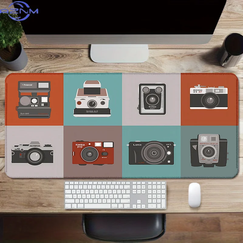 XL Vintage Camera Print Mouse Pad - Extended Desk Mat with Non-Slip Rubber Base, Smooth Surface for Optimal Movement, Stitched E