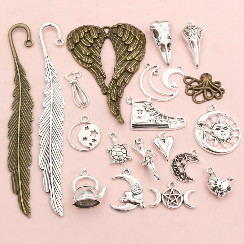 2-30pcs Animal Heart Wing Feather Moon Funny Cute Pendant Charms Alloy Metal DIY Jewelry Making Accessories Findings