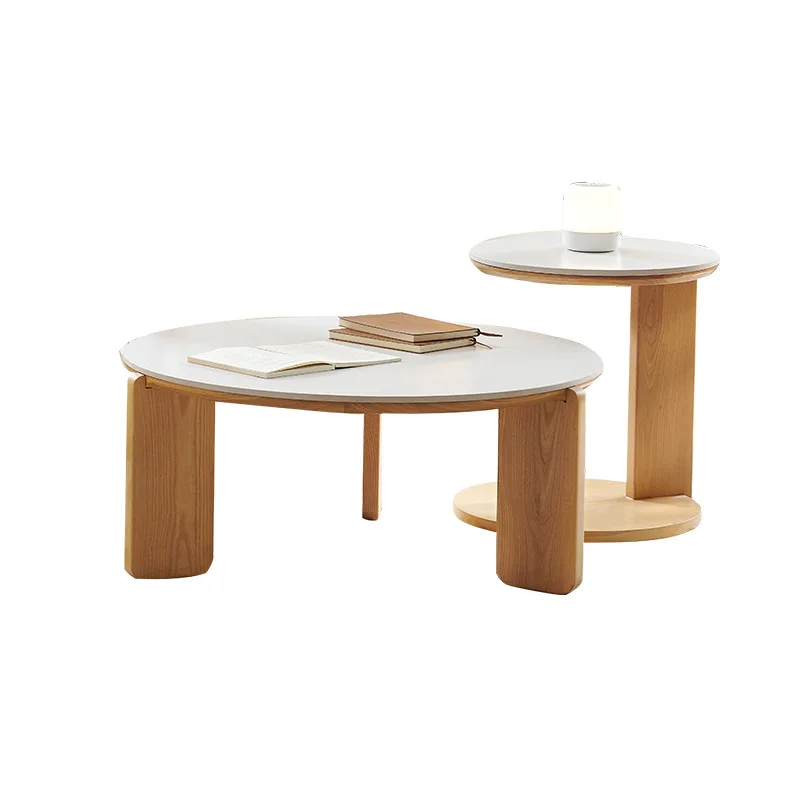 Living room household log style tea table small apartment sofa edge rock slab round ash wood solid wood coffee table