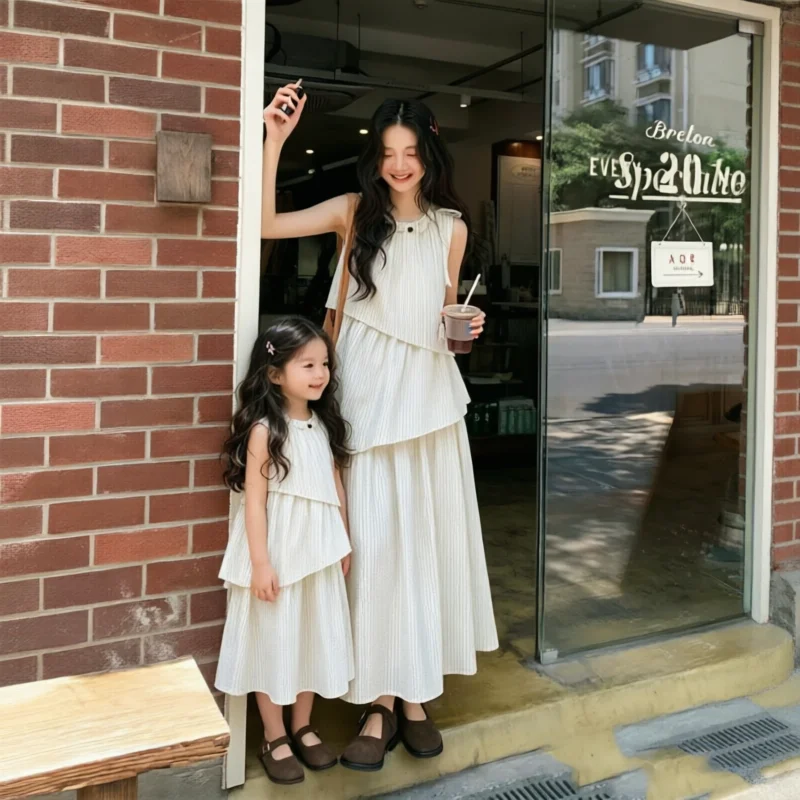 Mommy and Me Matching Dress Mom Daughter Sleeveless Tiered Dress Summer Casual Parent Child Outfits Korean Style Family Clothes