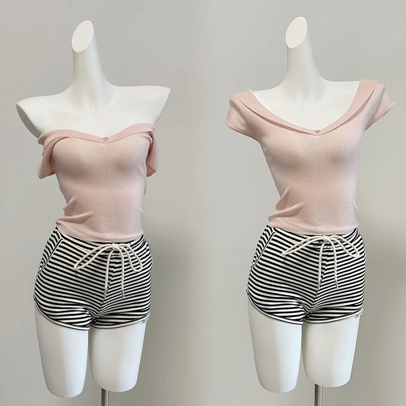 

Женский трикотажный топ с коротким рукавом Slim Fit, модный тонкий базовый слой в корейском стиле, однотонный, для повседневной носки, летняя новинка