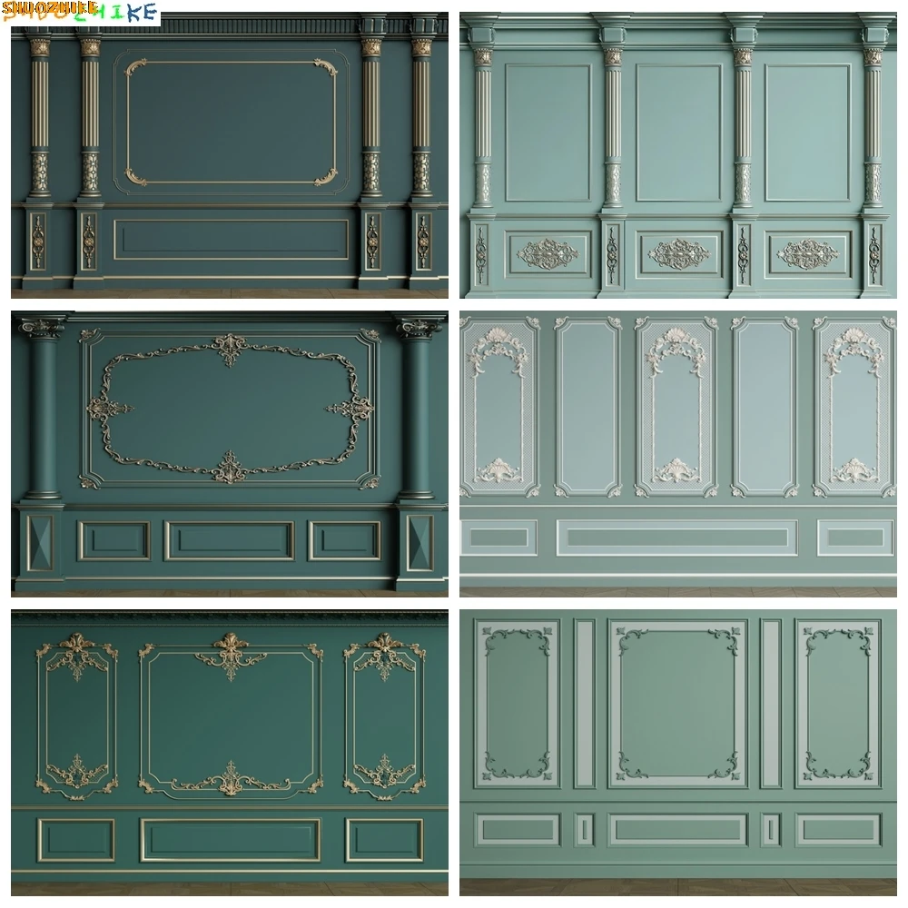 

Interior Green Wall Photo Backdrop Classic Palace Interior Gypsum Line Empty Room Antique Roman Column Photography Background