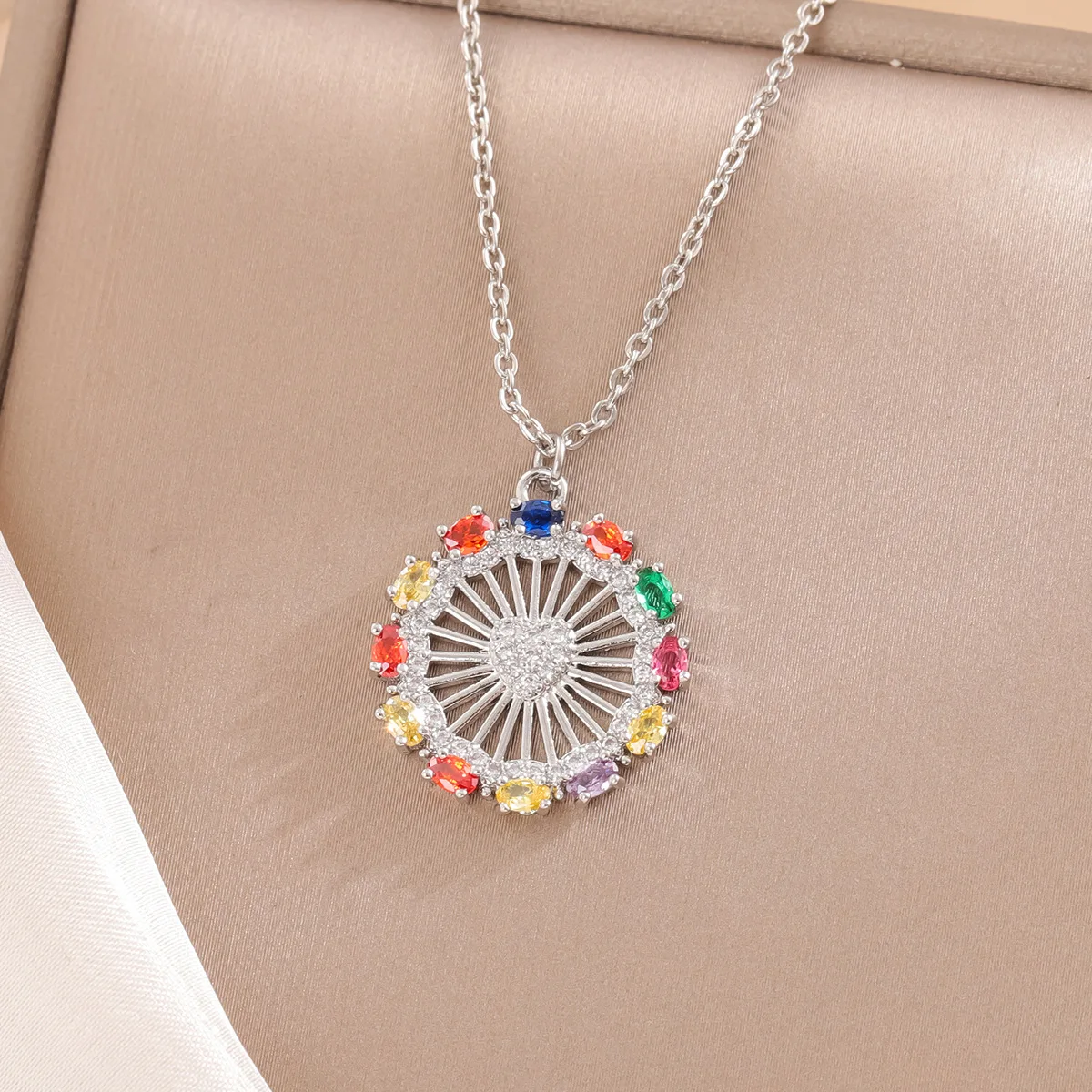 New Fashion Temperament Rotating Ferris Wheel Colorful Rainbow 925 Sterling Silver Heart Shaped Pendant Necklaces  XL286