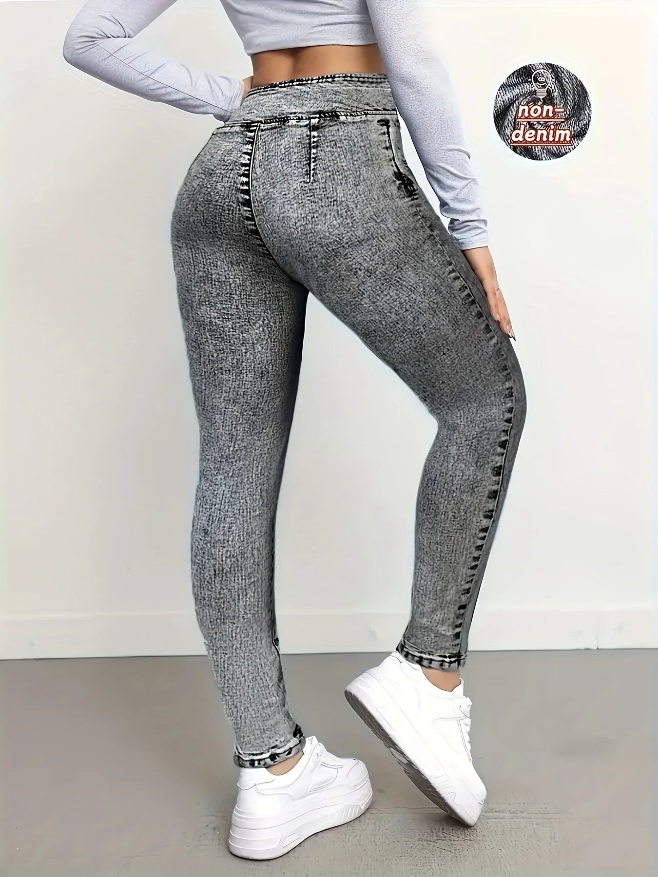 Bedruckte Damenleggings, kein Denim-Stoff, Design mit Scheintaschen und Knöpfen, hochelastische, modische, schmal geschnittene, lässige Skinny-Hose – Detail 3