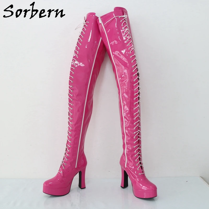 Sorbern Custom Slim Fit Crotch Thigh High Boots For Crossdresser Block Heels Platform Shoes Long Boot Patent Chunky Heels