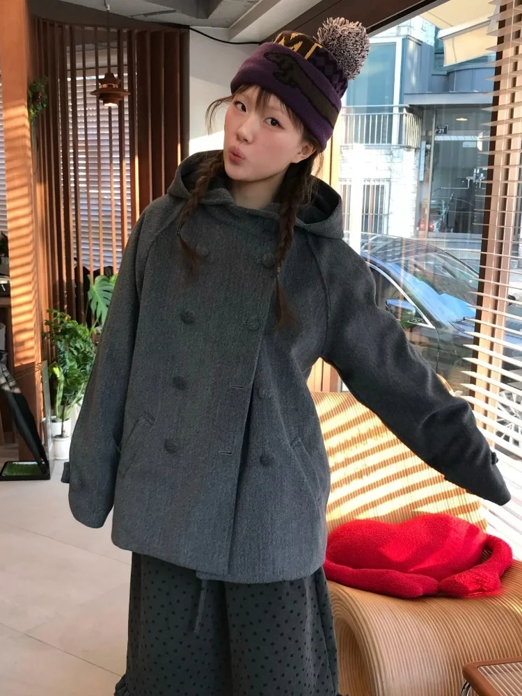 

Warm Winter Woolen Coat Women's Chic Retro Double Button Casual Loose Personali Knitwear Japanese Sle Long Sve Hooded
