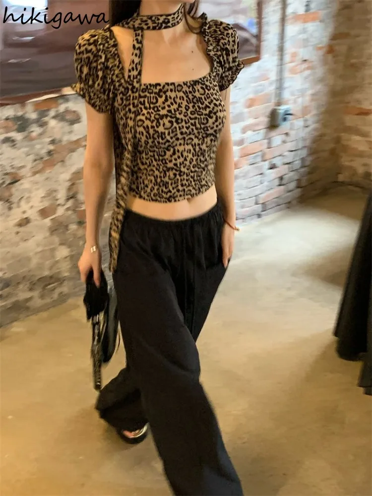 Sexy Leopard Crop Tops Blouses for Women Square Collar Puff Sleeve Tunic Shirts Fashion Summer Blouse 2024 Blusas Mujer De Moda