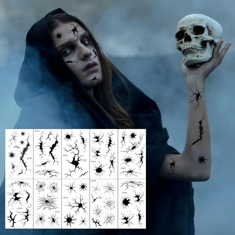 

10-листная наклейка для лица с трещинами на Хэллоуин, паутина, временные татуировки, черный ужас, макияж для тела, забавная водонепроницаемая татуировка, наклейка