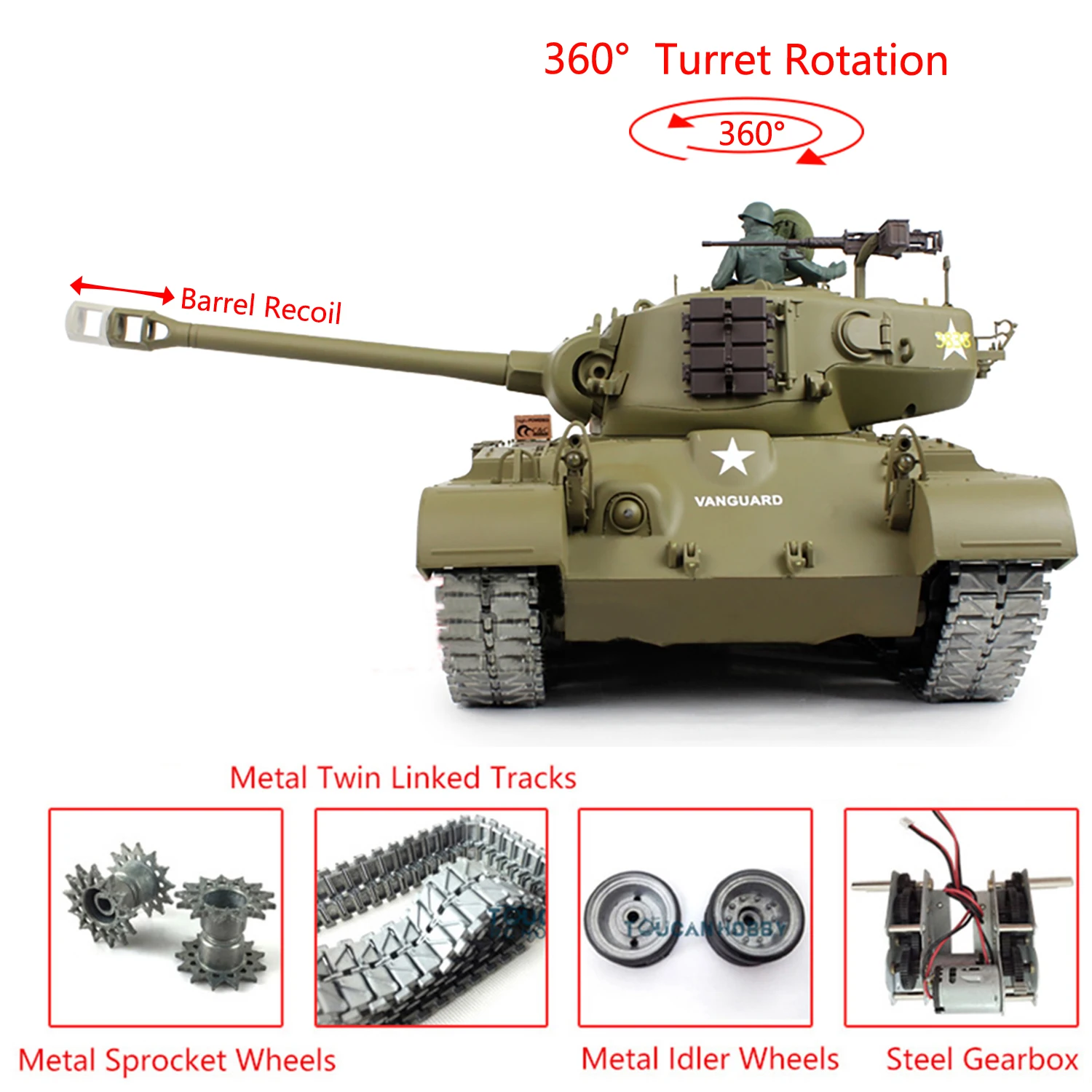 HENG LONG 1/16 7.0 Metal M26 Pershing RTR RC Tank 3838 360° Turret Barrel Recoil Full Metal Gearbox Idler Engine Smoke  TH20325